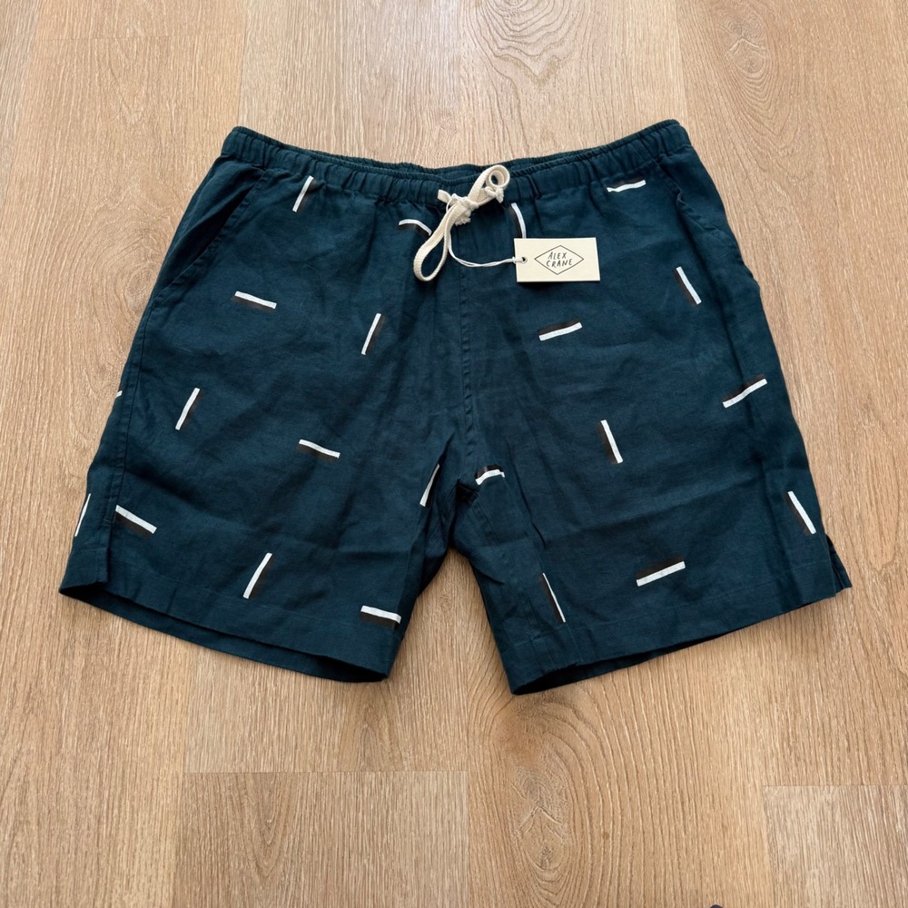 Alex Crane Bo Shorts Men XX‎ Teal Linen Dash Print Drawstring New